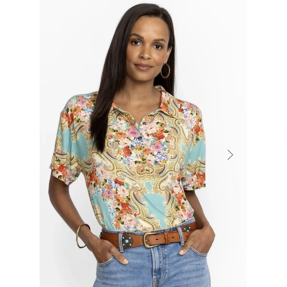 JOHNNY WAS Women Size XXL Rivoray Floral S/S Paisley Polo Tee Shirt Boho Ornate